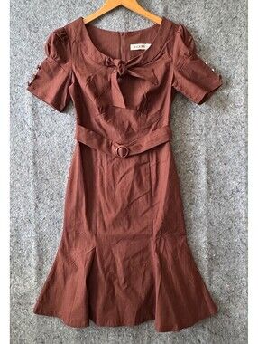 MUXXN S NWT Rust Bow Tie Puff Sleeve Dress 50s Mermaid Belt Viscose Blend
